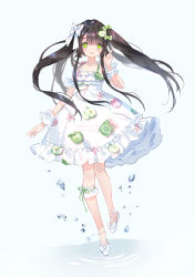 Rule 34 | 1girl, :d, absurdres, ankle strap, apple hair ornament, apple print, bow, bridal garter, dress, food-themed hair ornament, full body, green bow, green eyes, hair bow, hair ornament, hand up, highres, index finger raised, jar, lolita fashion, long hair, open mouth, original, print dress, ribbon trim, round teeth, smile, solo, standing, standing on one leg, teeth, twintails, unmoving pattern, upper teeth only, water drop, white bow, white footwear, wrist cuffs, yuzhi