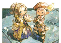 2girls belt blue_eyes blush bow brown_footwear brown_hair final_fantasy final_fantasy_xiv from_above full_body hair_bow hand_up hands_up hat hat_feather highres jacket jewelry krile_baldesion_(ff14) lalafell looking_at_viewer multiple_girls open_mouth own_hands_together pink_eyes pink_hair pink_jacket pointy_ears ponytail pouch ring rosette_(yankaixuan) shoes short_hair smile standing studded_belt tataru_taru yellow_jacket