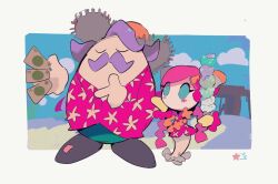 Rule 34 | 1boy, 1girl, alternate costume, beach, closed eyes, facial hair, father and daughter, flower necklace, hat, ice cream cone, kirby: planet robobot, kirby (series), lei, max profitt haltmann, mustache, nintendo, outdoors, soumenhiyamugi, sun hat, susie (kirby)