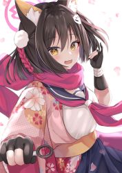 Rule 34 | 1girl, animal ears, black gloves, black hair, blue archive, blush, floral print, fox ears, fox shadow puppet, gloves, hair between eyes, hair ornament, hand up, highres, holding, izuna (blue archive), japanese clothes, kimono, kunai, looking at viewer, miyagi ratona, open mouth, petals, pink scarf, scarf, school uniform, serafuku, short hair, smile, solo, upper body, weapon, white background, yellow eyes