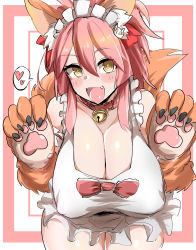 Rule 34 | 1girl, absurdres, animal ear fluff, animal ears, animal hands, apron, bare shoulders, bell, blush, border, bow, breasts, cat hair ornament, cleavage, collar, covered erect nipples, fangs, fate/extra, fate/grand order, fate (series), fox ears, fox girl, fox tail, gloves, hair between eyes, hair bow, hair ornament, hanging breasts, heart, highres, jingle bell, large breasts, leaning forward, long hair, looking at viewer, megao 3rd, naked apron, neck bell, open mouth, paw gloves, pink border, pink hair, ponytail, red bow, sidelocks, smile, spoken heart, tail, tamamo (fate), tamamo cat (fate), tamamo cat (third ascension) (fate), thighs, white background, yellow eyes