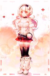 Rule 34 | 1girl, aran sweater, black thighhighs, blonde hair, blush, cable knit, choker, compa, full body, hair ornament, hairband, heart, heart-shaped pupils, highres, lapia, long hair, looking at viewer, loose socks, neptune (series), pom pom (clothes), socks, sparkle, standing, sweater, symbol-shaped pupils, thighhighs, white background, white sweater, white thighhighs