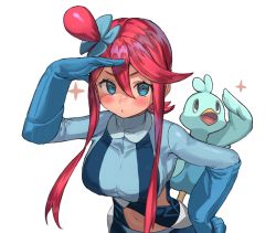 Rule 34 | blue eyes, blue gloves, blue jacket, blush, creatures (company), cropped jacket, ducklett, game freak, gen 5 pokemon, gloves, gym leader, hair between eyes, hair ornament, highres, jacket, midriff, nintendo, one side up, pokemon, pokemon (creature), pokemon bw, pouch, ranf, red hair, short hair with long locks, sidelocks, simple background, skyla (pokemon), thigh pouch, turtleneck, white background