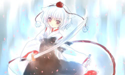 Rule 34 | 1girl, animal ears, black dress, brown eyes, cowboy shot, detached sleeves, dress, female focus, fighting stance, glint, hat, holding, holding sword, holding weapon, inubashiri momiji, liquid, long sleeves, looking at viewer, outdoors, pom pom (clothes), short hair, solo, standing, sword, tokin hat, torii sumi, touhou, unsheathed, water, waterfall, weapon, white hair, wolf ears