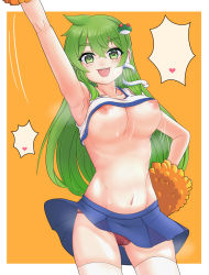 Rule 34 | 1girl, absurdres, adapted costume, arm up, armpits, big mouse, blank speech bubble, blue skirt, blush, breast slip, breasts, cameltoe, cheerleader, commentary request, cowboy shot, frog hair ornament, green eyes, green hair, hair ornament, hair tubes, heart, highres, kochiya sanae, large breasts, long hair, looking at viewer, navel, nipples, open mouth, panties, pom pom (cheerleading), red panties, shirt, skirt, sleeveless, sleeveless shirt, smile, snake hair ornament, solo, speech bubble, star-shaped pupils, star (symbol), symbol-shaped pupils, touhou, underwear, white shirt