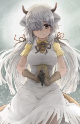 Rule 34 | 1girl, animal ears, antenna hair, backlighting, breasts, brown eyes, brown horns, closed mouth, collared shirt, dress, floating hair, gloves, hair over one eye, hair ribbon, highres, horns, kemono friends, long bangs, long hair, looking at viewer, medium breasts, medium dress, melaton, neck ribbon, own hands together, ox ears, ox horns, ribbon, shirt, short sleeves, smile, solo, taut clothes, taut dress, twintails, very long hair, white dress, white hair, wing collar, yak (kemono friends), yellow shirt