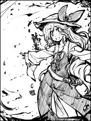 Rule 34 | 1girl, belt, character name, dress, female focus, greyscale, hat, long hair, monochrome, open mouth, smile, solo, tokiame, touhou, watatsuki no toyohime