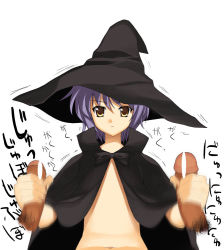 Rule 34 | 00s, 1girl, a1 (initial-g), censored, disembodied penis, double handjob, flat chest, foreskin, group sex, handjob, hat, mmf threesome, multiple penises, nagato yuki, open clothes, open robe, penis, robe, robe and wizard hat, simple background, solo focus, suzumiya haruhi no yuuutsu, threesome, white background, witch, witch hat