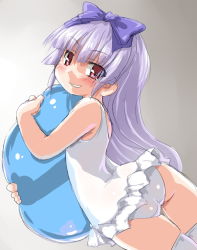 Rule 34 | 1girl, 3.1-tan, ass, bad id, bad pixiv id, blush, bow, casual one-piece swimsuit, child, dd (ijigendd), grin, hair ornament, hime cut, long hair, looking at viewer, one-piece swimsuit, os-tan, purple hair, red eyes, smile, solo, swimsuit, thighhighs, white thighhighs