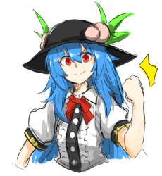 Rule 34 | &gt;:), 1girl, bad id, bad nicoseiga id, black hat, blue hair, bow, bowtie, clenched hand, dress shirt, food, fruit, hat, hinanawi tenshi, kankan33333, leaf, long hair, looking at viewer, peach, puffy short sleeves, puffy sleeves, red bow, red bowtie, red eyes, shirt, short sleeves, sketch, solo, touhou, upper body, v-shaped eyebrows, white background, white shirt