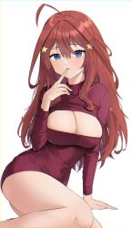 Rule 34 | 1girl, absurdres, ahoge, blue eyes, blue nails, breasts, cleavage, cleavage cutout, clothing cutout, dress, finger to mouth, go-toubun no hanayome, hair intakes, hair ornament, hand up, highres, large breasts, long hair, long sleeves, looking at viewer, nail polish, nakano itsuki, red hair, red sweater, ribbed sweater, simple background, sitting, solo, star (symbol), star hair ornament, steeb, sweater, sweater dress, thighs, white background, yokozuwari