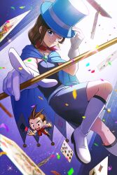 Rule 34 | 1boy, 1girl, ace (playing card), ace attorney, ace of spades, apollo justice, apollo justice: ace attorney, belt, blue belt, blue cape, blue hat, boots, brown eyes, brown hair, cape, card, chibi, club (shape), confetti, diamond (shape), dress, earrings, fon-due (fonfon), foreshortening, glint, gloves, gradient background, grey dress, hat, jewelry, king (playing card), king of hearts (playing card), looking at viewer, nine of clubs, one eye closed, playing card, queen (playing card), queen of clubs, spade (shape), sparkle, top hat, trucy wright, white footwear, white gloves