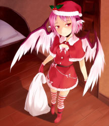 Rule 34 | 1girl, adapted costume, animal ears, ayagi daifuku, bag, bed, boots, capelet, door, female focus, gloves, hat, mystia lorelei, pink eyes, pink hair, red eyes, red footwear, red gloves, sack, santa costume, santa hat, short hair, slit pupils, solo, striped clothes, striped thighhighs, thighhighs, touhou, wings, zettai ryouiki