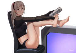 Rule 34 | 1girl, among us, bare legs, barefoot, black panties, black shirt, black sports bra, blonde hair, blue eyes, breasts, can, chair, crewmate (among us), feet, from side, full body, girls&#039; frontline, hair between eyes, hair ornament, hairband, hairpin, highres, holding, holding can, kion-kun, legs, legs on table, long hair, long sleeves, looking at viewer, medium breasts, mole, mole under mouth, monster energy, multiple hairpins, office chair, open mouth, panties, parted lips, product placement, red hairband, shaw (girls&#039; frontline), shirt, sideboob, sitting, solo, sports bra, swivel chair, table, thighs, toes, turtleneck, twitter username, underwear, white background