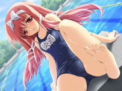 Rule 34 | 1girl, bare legs, barefoot, blush, dutch angle, endou ifrina, feet, figu@mate, game cg, hair ribbon, long hair, mitsuki mantarou, name tag, one-piece swimsuit, pink hair, red eyes, red hair, ribbon, school swimsuit, sitting, soles, solo, swimsuit, wet