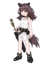 Rule 34 | 1girl, animal ears, ankle boots, arknights, arrow (projectile), black collar, black footwear, boots, brown hair, collar, dress, full body, hair ornament, kamihine, long hair, lunacub (arknights), pouch, quiver, simple background, solo, standing, tail, white background, white dress, wolf ears, wolf girl, wolf tail, yellow eyes