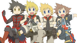 Rule 34 | &gt;:d, 4boys, :d, black hair, blonde hair, blue eyes, boots, brown hair, clenched hands, commentary request, disney, jewelry, karatou, kingdom hearts, locked arms, male focus, multiple boys, necklace, nichijou, open mouth, parody, roxas, simple background, smile, sora (kingdom hearts), spiked hair, spoilers, square enix, style parody, v-shaped eyebrows, vanitas (kingdom hearts), ventus (kingdom hearts), white background, wristband, yellow eyes