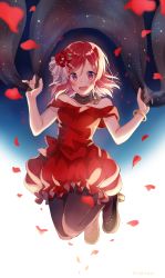 Rule 34 | 10s, 1girl, artist name, bare shoulders, birthday, black footwear, bracelet, breasts, choker, dress, flower, hair flower, hair ornament, happy birthday, high heels, highres, jewelry, looking at viewer, love live!, love live! school idol festival, love live! school idol project, nishikino maki, nonono (nononotea), open mouth, pantyhose, petals, purple eyes, red dress, red hair, rose petals, see-through, shoes, short hair, small breasts, smile, solo