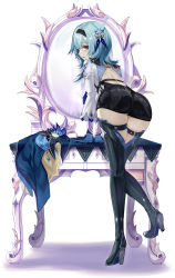 Rule 34 | 1girl, absurdres, ass, bare shoulders, black background, blue hair, blush, boots, breasts, brown eyes, cape, dresser, eula (genshin impact), from behind, genshin impact, gloves, hair ornament, hairband, haven233, high heel boots, high heels, highres, leaning, leaning forward, leotard, long hair, looking at viewer, mirror, open mouth, shiny clothes, shiny skin, short shorts, shorts, sideboob, smile, solo, thigh boots, thighhighs