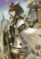 Rule 34 | 1girl, arknights, armband, artist name, black-framed eyewear, black hair, black thighhighs, blurry, blurry foreground, buttons, closed mouth, cowboy shot, drone, fingernails, hair between eyes, hand up, highres, holding, id card, long sleeves, nkyoku, orange eyes, round eyewear, semi-rimless eyewear, short hair, silence (arknights), single thighhigh, sleeves past wrists, solo, thigh strap, thighhighs, under-rim eyewear, vial, zettai ryouiki