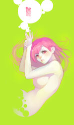 Rule 34 | 1girl, arms up, breasts, closed mouth, commentary request, completely nude, copyright request, floating hair, green background, highres, large breasts, long hair, looking at viewer, looking to the side, nipples, nude, pink hair, red eyes, simple background, solo, wookyung