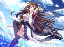 Rule 34 | 10s, 1girl, ahoge, blue eyes, brown hair, cloud, day, kantai collection, kongou (kancolle), mokyu9nine, nontraditional miko, ocean, personification, sky, solo, thighhighs, turret, zettai ryouiki