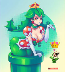 Rule 34 | 1girl, ass, bent over, blowing kiss, blue lips, breasts, cleavage, collarbone, crown, detached sleeves, elbow gloves, eyeshadow, gloves, green hair, green legwear, large breasts, lipstick, long hair, makeup, mario (series), new super mario bros. u deluxe, nintendo, piranha plant, puffy short sleeves, puffy sleeves, red eyes, short sleeves, solo, super crown, supersatanson, warp pipe, white gloves