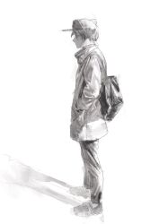 Rule 34 | 1boy, bag, black bag, black pants, closed mouth, commentary request, full body, grey hat, greyscale, hands in pockets, hat, highres, long sleeves, monochrome, original, pants, profile, shadow, short hair, shoulder bag, simple background, sketch, solo, standing, ueno zousui, white background