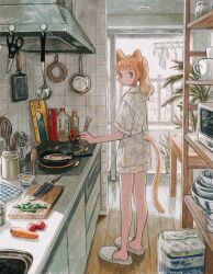 Rule 34 | 1girl, animal ears, bowl, carrot, cat ears, cat girl, cat tail, chopsticks, cooking, cup, cutting board, egg (food), eokaku surimi, fish, food, frying pan, full body, highres, holding, holding chopsticks, indoors, kitchen, kitchen hood, kitchen knife, ladle, long hair, looking at viewer, orange hair, original, plant, ponytail, scissors, shirt, sink, slippers, solo, soy sauce bottle, spatula, standing, stove, table, tail, television, tile wall, tiles, toilet paper, tomato, white footwear, white shirt