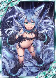 Rule 34 | 1girl, akkijin, animal ears, animal hands, aqua eyes, armpits, bare shoulders, black background, blue hair, breasts, broken, broken chain, card (medium), chain, claws, cleavage, collar, frown, glowing, glowing eyes, ice, leg ribbon, official art, rage face, ribbon, serious, shinkai no valkyrie, small breasts, squall (shinkai no valkyrie), tail, thigh ribbon, wolf ears, wolf tail