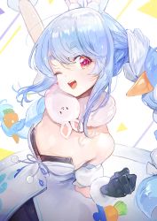 Rule 34 | 1girl, ;d, a2ki, animal ear fluff, animal ears, arm up, bare shoulders, black gloves, blue hair, breasts, carrot hair ornament, cleavage, clenched hand, commentary request, food-themed hair ornament, gloves, hair ornament, highres, hololive, long hair, looking at viewer, one eye closed, open mouth, rabbit-shaped pupils, rabbit ears, rabbit girl, red eyes, small breasts, smile, symbol-shaped pupils, thick eyebrows, usada pekora, usada pekora (1st costume), virtual youtuber