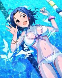 Rule 34 | 10s, 1girl, :d, ahoge, beamed quavers, bikini, blue hair, bracelet, breasts, brown eyes, cleavage, female focus, floating breasts, front-tie top, idolmaster, idolmaster (classic), idolmaster million live!, jewelry, jpeg artifacts, kawakami tetsuya, lane line, large breasts, looking at viewer, miura azusa, musical note, navel, official art, open mouth, partially submerged, smile, solo, swimsuit