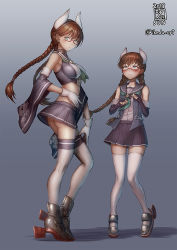 Rule 34 | 2girls, ass, azur lane, blue background, blue sailor collar, blush, boots, braid, breasts, brown hair, closed mouth, contrapposto, crop top, dated, detached sleeves, dual persona, elbow gloves, fingerless gloves, gloves, green eyes, green neckerchief, horns, ikeda (cpt), kako (azur lane), large breasts, long hair, looking at viewer, armored boots, multiple girls, neckerchief, retrofit (azur lane), sailor collar, school uniform, semi-rimless eyewear, serafuku, signature, single braid, small breasts, standing, thighhighs, twitter username, under-rim eyewear, white legwear, wide sleeves, zettai ryouiki