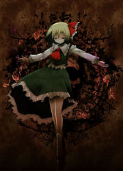 Rule 34 | 1girl, blonde hair, darkness, embodiment of scarlet devil, female focus, flower, fujisaki hikari, hair ribbon, highres, necktie, outstretched arms, red eyes, ribbon, rose, rumia, short hair, smile, solo, spread arms, touhou
