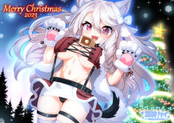 Rule 34 | 1girl, animal ear fluff, animal ears, animal hands, azur lane, black panties, bow, braid, breasts, capelet, christmas, christmas tree, cleavage, cloud, cowbell, dog ears, fang, gloves, grey hair, hair bow, highres, kei fukamiki, large breasts, long hair, looking at viewer, midriff, open mouth, panties, panty peek, paw gloves, paw pose, red eyes, red skirt, single braid, skindentation, skirt, smile, solo, standing, stomach, suspender skirt, suspenders, thick eyebrows, thigh strap, thighhighs, two side up, underboob, underwear, very long hair, white bow, white thighhighs, yuudachi (azur lane), yuudachi (woofy floofy christmas night) (azur lane)