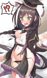Rule 34 | !, !?, 1girl, ?, animal ears, arm behind back, black hair, blush, braid, breasts, broom, cat ears, cat girl, dress, embarrassed, exploding clothes, fang, green eyes, groin, hand up, highres, hip focus, holding, holding broom, humo, karyl (princess connect!), karyl (transfer student) (princess connect!), long hair, long sleeves, looking at breasts, looking at self, looking down, medium breasts, midriff, multicolored hair, navel, nipples, no bra, panties, pleated dress, princess connect!, shirt, solo, spoken exclamation mark, spoken question mark, streaked hair, surprised, torn clothes, torn dress, torn panties, torn shirt, twin braids, twintails, two-tone hair, underwear, very long hair, wardrobe malfunction, white hair, white shirt, wide sleeves