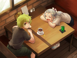 Rule 34 | 2girls, :d, absurdres, belt, black belt, black shirt, black skirt, blush, booth seating, brick wall, closed eyes, closed mouth, commentary, crossed arms, cup, dated, english commentary, fang, from above, glass, green hair, green shorts, grey hair, hair between eyes, head rest, highres, indoors, light frown, looking at viewer, menu, multiple girls, napkin, open mouth, original, pepper shaker, pleated skirt, reef (sanomsai products), salt shaker, saucer, shirt, short hair, short sleeves, shorts, signature, sitting, skirt, smile, tea, teabag, teacup, white shirt, window, wooden floor, yellow eyes