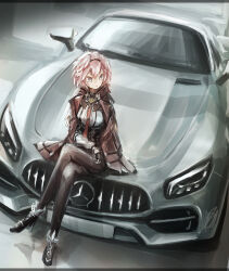 Rule 34 | 1girl, black hairband, black pantyhose, black shorts, blue eyes, car, crossed legs, hairband, head wings, high-waist shorts, highres, hololive, jacket, jacket on shoulders, kihuzinz, looking to the side, mercedes-benz, mercedes-benz amg gt, motor vehicle, necktie, pantyhose, pink hair, red jacket, red necktie, shirt, short hair, shorts, solo, sports car, takane lui, takane lui (1st costume), v-shaped eyebrows, vehicle focus, virtual youtuber, white shirt, wings