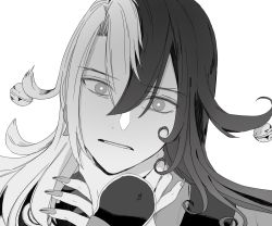 Rule 34 | 1boy, ashiya douman (fate), asphyxiation, asymmetrical hair, bell, black eyes, black hair, corruption, curly hair, earrings, fate/grand order, fate (series), fingernails, greyscale, hair bell, hair between eyes, hair intakes, hair ornament, highres, jewelry, long hair, looking at viewer, magatama, magatama earrings, male focus, mizuno (bbzzzzzzbb), monochrome, multicolored hair, onmyouji, portrait, sharp fingernails, solo, split-color hair, two-tone hair, very long fingernails, very long hair, white hair, wide-eyed