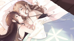 2girls 845360 absurdres black_camisole blush brown_hair camisole chinese_commentary closed_eyes closed_mouth commentary_request cuddling half_up_braid highres long_hair mole mole_under_eye multiple_girls on_bed original pillow scrunchie shirt smile strap_slip under_covers white_shirt wrist_scrunchie yuri