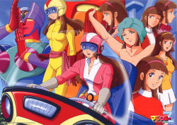 Rule 34 | 1970s (style), 1girl, aphrodai a, aphrodite a, bodysuit, bow, breasts, brown eyes, brown hair, diana a, dianan a, female focus, gloves, hairband, headband, helmet, highres, long hair, mazinger (series), mazinger z, mazinkaiser, mecha, nude, official style, oldschool, one eye closed, pilot suit, retro artstyle, robot, skirt, smile, solo, super robot, toei animation, towel, visor, wink, yumi sayaka
