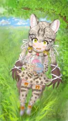 Rule 34 | 1girl, animal ears, boots, bow, bowtie, cat ears, cat girl, commentary request, extra ears, food, geoffroy&#039;s cat (kemono friends), green eyes, grey hair, japari bun, kemono friends, kemono friends v project, kneehighs, long hair, looking at viewer, microphone, ribbon, shirt, skirt, socks, solo, suspenders, travellerll, twintails, virtual youtuber