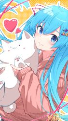 Rule 34 | 1girl, :3, absurdres, ahoge, alternate costume, aqua hair, blue eyes, border, cat, character name, closed mouth, commentary request, hair ornament, hairclip, hatsune miku, heart, highres, holding, hood, hoodie, long hair, looking at viewer, orange hoodie, patterned background, smile, twintails, u da desu, upper body, vocaloid, white border