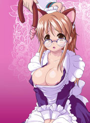 Rule 34 | 00s, 2girls, anal tail, animal ears, asahina mikuru, blush, breasts, brown eyes, brown hair, butt plug, cat ears, cat tail, cleavage, fake tail, female focus, flower, glasses, gradient background, large breasts, lipstick, long hair, maid, maid headdress, makeup, mion orz, multiple girls, nipple slip, nipples, no bra, open mouth, school uniform, sex toy, sitting, solo, suzumiya haruhi no yuuutsu, tail, tears