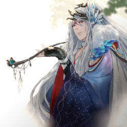 Rule 34 | 1boy, blurry, depth of field, drenbof, fur trim, highres, holding smoking pipe, kiseru, lin xue ya, lips, long hair, looking at viewer, male focus, parted lips, smoking pipe, ponytail, red eyes, smile, solo, thunderbolt fantasy, upper body, white hair