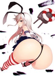 Rule 34 | 10s, 1girl, ass, ass focus, bare shoulders, black panties, black ribbon, blurry, cameltoe, depth of field, elbow gloves, from behind, gloves, hair ribbon, hareno chiame, kantai collection, legs, lifebuoy, long hair, looking back, panties, red thighhighs, rensouhou-chan, ribbon, shimakaze (kancolle), sidelocks, solo, striped clothes, striped thighhighs, swim ring, thighhighs, thong, underwear, white background