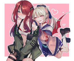 Rule 34 | 2girls, :d, absurdres, alternate hairstyle, bandeau, bare shoulders, black footwear, black hair, black shorts, blue eyes, blue skirt, blush, breasts, choker, cleavage, commentary request, cowboy shot, fangs, green jacket, grey hair, hair over one eye, hairstyle switch, heart, highres, jacket, lain paterson, long hair, long sleeves, looking at viewer, makaino ririmu, makaino ririmu (4th costume), medium breasts, midriff, miniskirt, multiple girls, naponapo 6262, navel, nijisanji, nose blush, off shoulder, open clothes, open jacket, open mouth, pink hair, pink jacket, pleated skirt, ponytail, pouch, red choker, red eyes, red hair, sailor collar, sailor shirt, shirt, shoes, short shorts, shorts, skirt, smile, socks, stomach, strapless, suspenders, thigh strap, tube top, two side up, virtual youtuber, white shirt, white socks