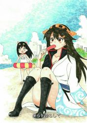 Rule 34 | 2girls, :d, animal ears, asashio (kancolle), bare arms, bare legs, bare shoulders, barefoot, beach, black footwear, black hair, black kimono, blue eyes, blue sky, blush stickers, boots, breasts, cleavage, cloud, collarbone, cosplay, day, dog ears, dog girl, dog tail, eating, food, gintama, hadanugi dousa, hair between eyes, hair ornament, hairclip, haruna (kancolle), headgear, highres, holding, holding food, horizon, innertube, japanese clothes, kantai collection, kimono, knee boots, knees up, long hair, long sleeves, marker (medium), medium breasts, mehonobu g, multiple girls, name tag, ocean, one-piece swimsuit, open clothes, open kimono, open mouth, outdoors, panties, popsicle, red eyes, sakata gintoki, sakata gintoki (cosplay), sand, school swimsuit, sitting, sky, smile, standing, sweat, swim ring, swimsuit, tail, traditional media, translation request, underwear, very long hair, water, white kimono, white one-piece swimsuit, white panties, wide sleeves
