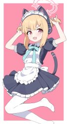 Rule 34 | 1girl, animal ear headphones, animal ears, apron, black dress, blonde hair, blue archive, blush, cat tail, dress, fake animal ears, frilled apron, frilled dress, frills, halo, headphones, highres, looking at viewer, maid, maid apron, maid headdress, millet pepper, momoi (blue archive), momoi (maid) (blue archive), official alternate costume, open mouth, pink halo, puffy short sleeves, puffy sleeves, red eyes, short hair, short sleeves, smile, solo, tail, thighhighs, white apron, white thighhighs