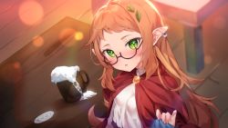 1girl, alcohol, beer, beer mug, black-framed eyewear, blush, breasts, brown hair, cape, cheli (kso1564), commentary request, copyright request, cup, ear piercing, forehead, glasses, hair ornament, highres, indoors, leaf hair ornament, long hair, looking at viewer, mug, official art, parted lips, piercing, pointy ears, red cape, semi-rimless eyewear, shirt, small breasts, solo, table, under-rim eyewear, very long hair, white shirt, wooden floor